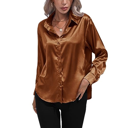 Kuukaas Satin Bluse Damen Elegant Braun Langarm Business Oberteil Einfarbig Büro Outfits Langarmshirt XXL von Kuukaas