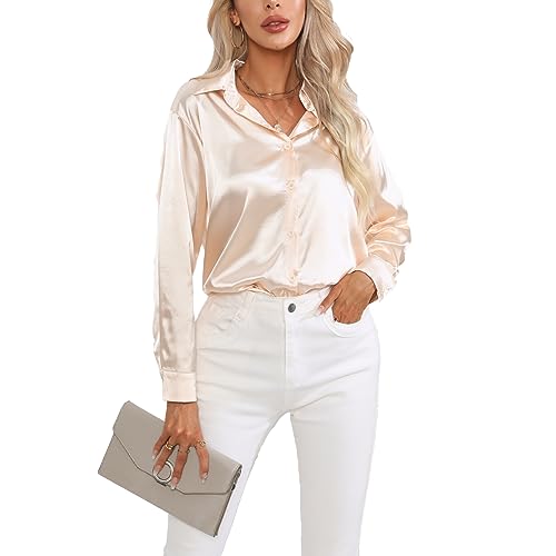 Kuukaas Satin Bluse Damen Elegant Champagner Hemd Langarm Business Oberteil Einfarbig Büro Outfits Langarmshirt XL von Kuukaas