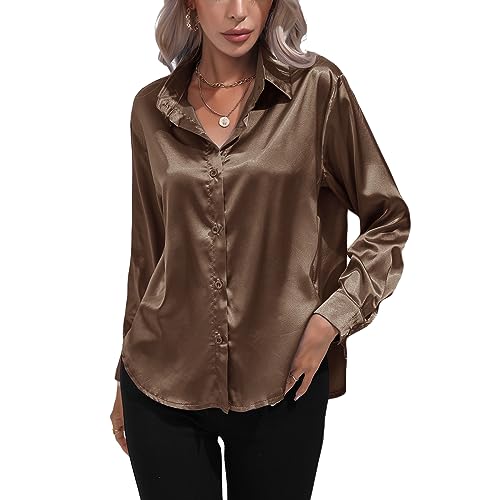 Kuukaas Satin Bluse Damen Elegant Dunkelkhaki Hemd Langarm Business Oberteil Einfarbig Büro Outfits Langarmshirt XXL von Kuukaas