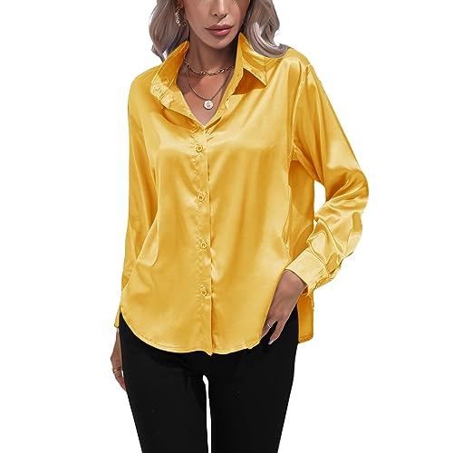 Kuukaas Satin Bluse Damen Elegant Gelb Hemd Damen Langarm Business Oberteil Langarm Damen Einfarbig Büro Damen Outfits Langarmshirt Damen Elegant M von Kuukaas