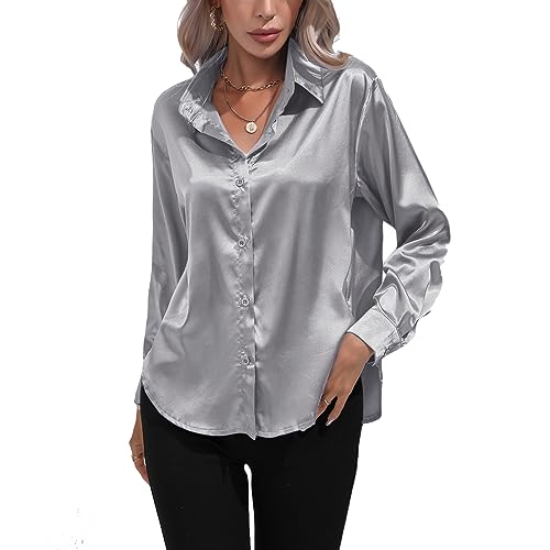 Kuukaas Satin Bluse Damen Elegant Grau Langarm Business Oberteil Einfarbig Büro Outfits Langarmshirt XL von Kuukaas