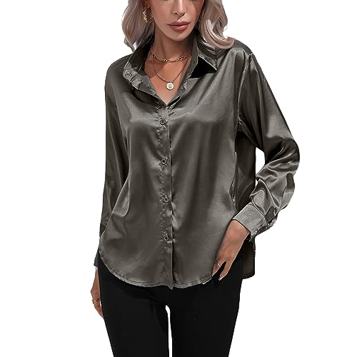 Kuukaas Satin Bluse Damen Elegant Grau Hemd Damen Langarm Business Oberteil Langarm Damen Einfarbig Büro Damen Outfits Langarmshirt Damen Elegant XXL von Kuukaas