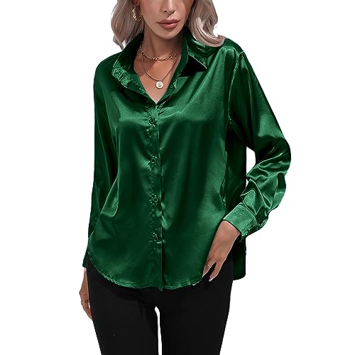 Kuukaas Satin Bluse Damen Elegant Grün Hemd Damen Langarm Business Oberteil Langarm Damen Einfarbig Büro Damen Outfits Langarmshirt Damen Elegant L von Kuukaas