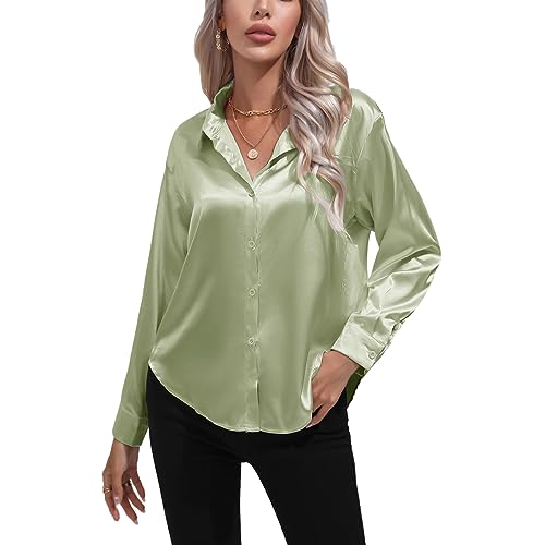 Kuukaas Satin Bluse Damen Elegant Hellgrün Hemd Damen Langarm Business Oberteil Langarm Damen Einfarbig Büro Damen Outfits Langarmshirt Damen Elegant M von Kuukaas