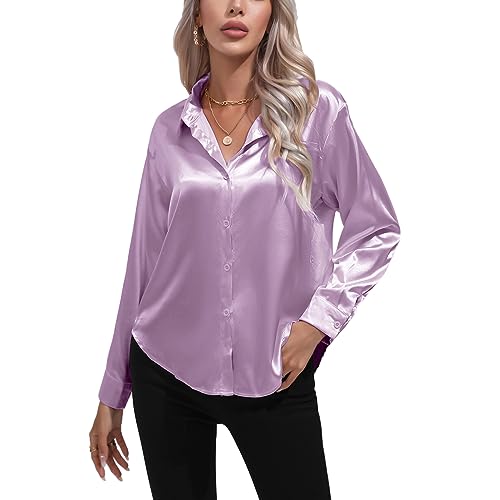 Kuukaas Satin Bluse Damen Elegant Lila Hemd Damen Langarm Business Oberteil Langarm Damen Einfarbig Büro Damen Outfits Langarmshirt Damen Elegant XL von Kuukaas
