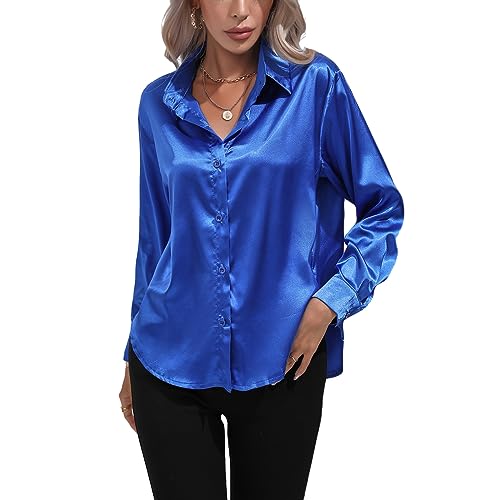 Kuukaas Satin Bluse Damen Elegant Marineblau Hemd Langarm Business Oberteil Einfarbig Büro Outfits Langarmshirt M von Kuukaas