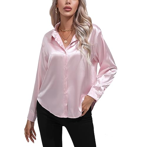 Kuukaas Satin Bluse Damen Elegant Rosa Hemd Langarm Business Oberteil Einfarbig Büro Outfits Langarmshirt XXL von Kuukaas
