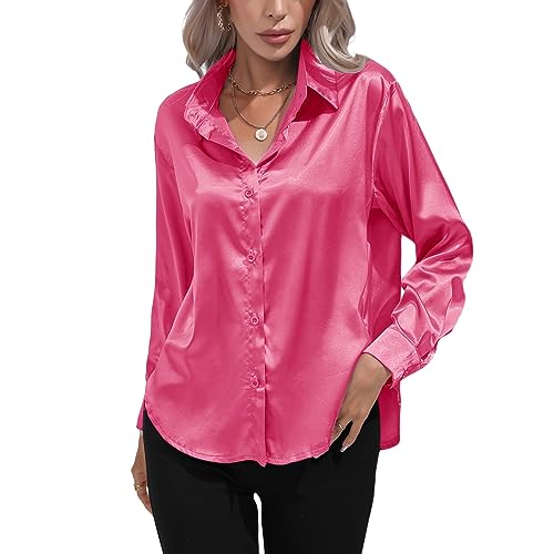 Kuukaas Satin Bluse Damen Elegant Rose Hemd Langarm Business Oberteil Einfarbig Büro Outfits Langarmshirt XXL von Kuukaas
