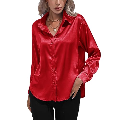 Kuukaas Satin Bluse Damen Elegant Rot Hemd Damen Langarm Business Oberteil Langarm Damen Einfarbig Büro Damen Outfits Langarmshirt Damen Elegant XL von Kuukaas