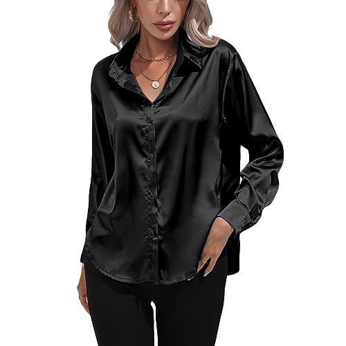 Kuukaas Satin Bluse Damen Elegant Schwarz Hemd Damen Langarm Business Oberteil Langarm Damen Einfarbig Büro Damen Outfits Langarmshirt Damen Elegant S von Kuukaas