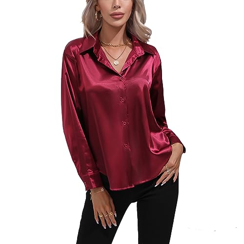 Kuukaas Satin Bluse Damen Elegant Weinrot Hemd Damen Langarm Business Oberteil Langarm Damen Einfarbig Büro Damen Outfits Langarmshirt Damen Elegant XL von Kuukaas