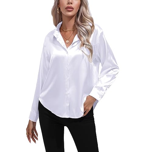 Kuukaas Satin Bluse Damen Elegant Weiß Hemd Damen Langarm Business Oberteil Langarm Damen Einfarbig Büro Damen Outfits Langarmshirt Damen Elegant S von Kuukaas