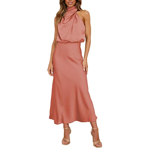 Kuukaas Satin Kleid Damen Elegant Cocktailkleid Damen Lang Kleider Damen Festlich Elegant Abendkleid Damen Satin Sommerkleid Damen für Hochzeit Rosa M von Kuukaas