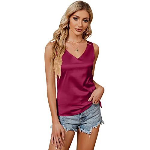 Kuukaas Satin Tank Top Damen Bordeaux Basic Cami Top Damen Sommer Oberteile Damen Elegant Ärmellose Blusentops Sommer Kleidung für Damen M von Kuukaas