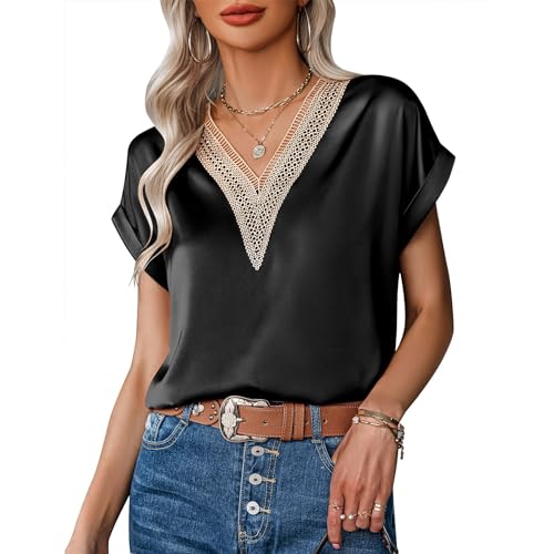 Kuukaas Schwarz Bluse Damen Kurzarm Satin Bluse Damen Sommer Elegant Oberteil Damen Einfarbig Top Damen Elegant Spitze Sommerbluse Damen Locker M von Kuukaas