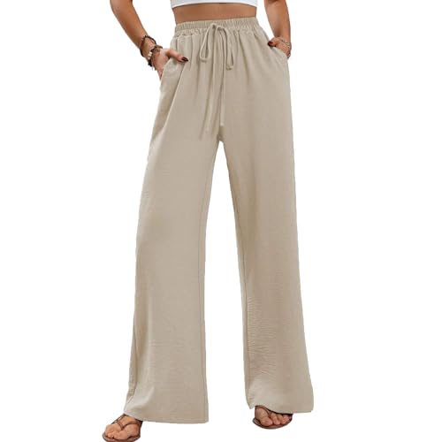 Kuukaas Sommerhosen Damen Leicht und Luftig Palazzo Hose Damen Sommer Weite Hose Damen High Waist Strandhose Damen Leicht Hose Damen Sommer Beige M von Kuukaas
