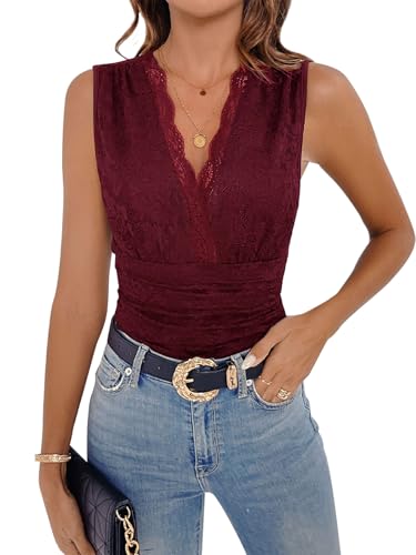 Kuukaas Spitzen Bodysuit Damen Ärmellos Body Damen V-Ausschnitt Elegant Oberteil Transparent Clubwear Going Out Tops Burgunderrot S von Kuukaas
