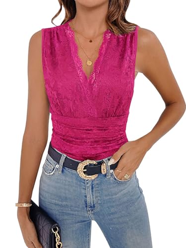 Kuukaas Spitzen Bodysuit Damen Ärmellos Body Damen V-Ausschnitt Elegant Oberteil Transparent Clubwear Going Out Tops Rose S von Kuukaas