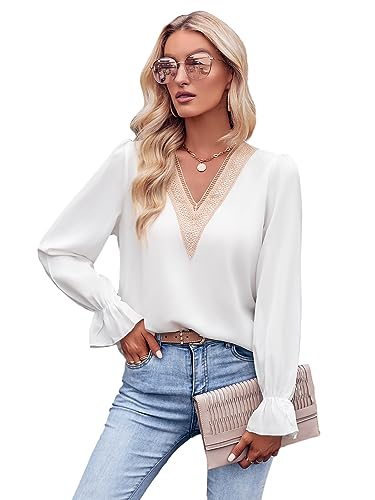 Kuukaas Weiß Bluse Damen Elegant Oberteil Damen Büro Langarm Business Outfit Damen Tunika V Ausschnitt Spitze Damen Elegant M von Kuukaas
