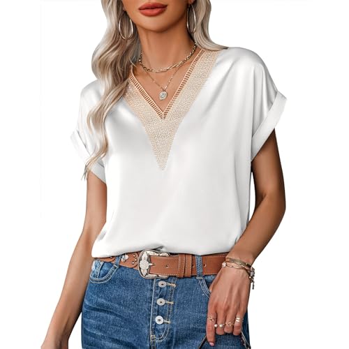 Kuukaas Weiße Bluse Damen Kurzarm Satin Bluse Damen Sommer Elegant Oberteil Damen Einfarbig Top Damen Elegant Spitze Sommerbluse Damen Locker S von Kuukaas