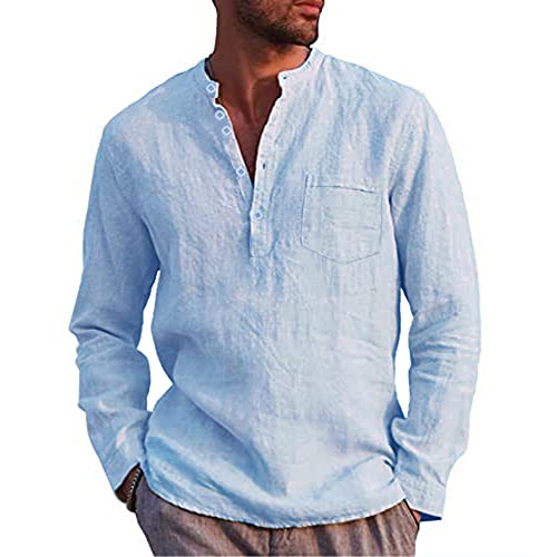 Kuulee Herren Henley Shirt Leinenhemd Frühling Sommer Hemd Langarm Regular Fit Freizeithemd Shirts Mit Tasche Blau S von Kuulee