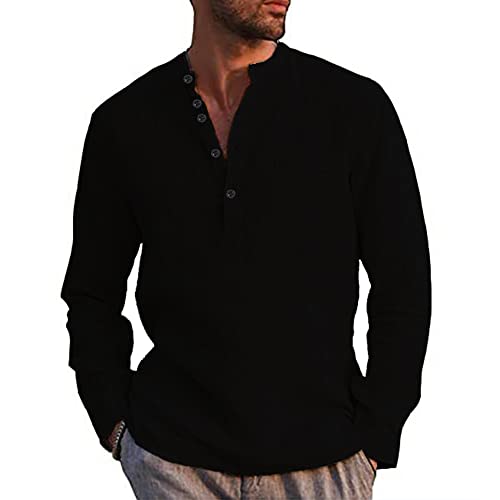 Kuulee Herren Henley Shirt Leinenhemd Frühling Sommer Hemd Langarm Regular Fit Freizeithemd Shirts Mit Tasche Schwarz L von Kuulee