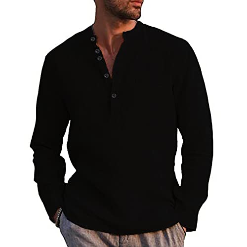 Kuulee Herren Henley Shirt Leinenhemd Frühling Sommer Hemd Langarm Regular Fit Freizeithemd Shirts Mit Tasche Schwarz S von Kuulee