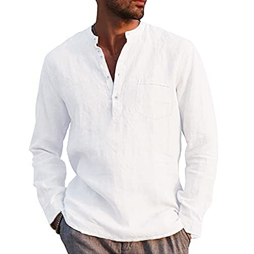 Kuulee Herren Henley Shirt Leinenhemd Frühling Sommer Hemd Langarm Regular Fit Freizeithemd Shirts Mit Tasche Weiß L von Kuulee