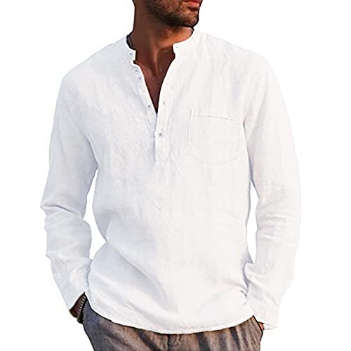 Kuulee Herren Henley Shirt Leinenhemd Frühling Sommer Hemd Langarm Regular Fit Freizeithemd Shirts Mit Tasche Weiß XL von Kuulee