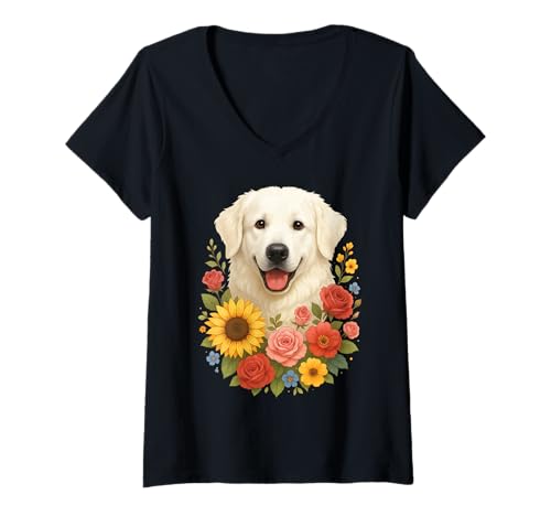Damen Kuvasz Blume T-Shirt mit V-Ausschnitt Damen Kuvasz Blume T-Shirt mit V-Ausschnitt von Kuvasz Dog