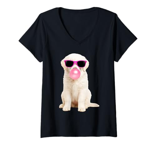 Damen Kuvasz Kaugummi T-Shirt mit V-Ausschnitt von Kuvasz Dog
