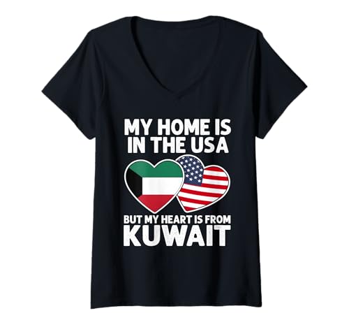 Damen My Home USA My Heart Kuwait Kuwaiti American Pride Flagge T-Shirt mit V-Ausschnitt Damen My Home USA My Heart Kuwait Kuwaiti American Pride Flagge T-Shirt mit V-Ausschnitt von Kuwait Pride Flag Apparel
