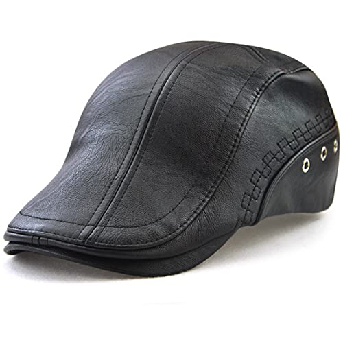 Kuyou Herren Gatsby Flatcap PU-Leder Schiebermütze Ivy Schirmmütze Kappe, Classic Schwarz, Einheitsgröße von KUYOU