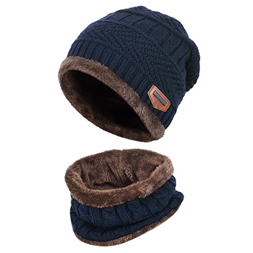 Kuyou Kinder Mütze Schal Jungen Mädchen Winter Hat Schlauchschal Set (Navy blau) von KUYOU