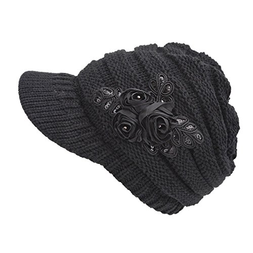 Kuyou Strickmütze mit Schild Winter Strickmütze Beanie Cap (Schwarz) von KUYOU