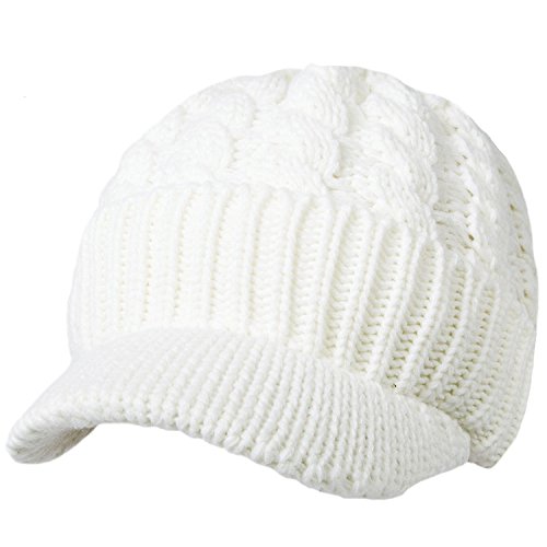 Kuyou Unisex Strickmütze Beanie Cap Winter Kappe Mütze mit Schirm (Weiß) von KUYOU