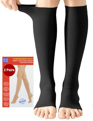 2 Paar Medizinische Kompressionsstrümpfe Damen & Herren 20-30 mmHg, Klasse 2, Offene Spitze Abgestufte Unterstützung Stützstrümpfe für Krampfadern Ödeme Flug (2x Schwarz, XXL) von Kuzimua