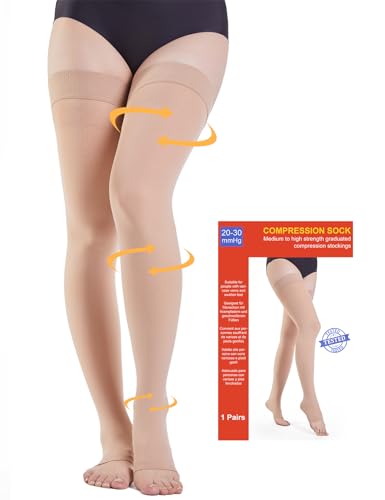 20-30 mmHg Medizinische Kompressionsstrümpfe Damen & Herren Klasse 2, Offene Zehe Lang Stützstrümpfe Thrombosestrümpfe mit Silikonband für Krampfadern Ödeme Flug (Beige, S) von Kuzimua