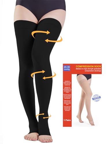 20-30 mmHg Medizinische Kompressionsstrümpfe Damen & Herren Klasse 2, Offene Zehe Lang Stützstrümpfe Thrombosestrümpfe mit Silikonband für Krampfadern Ödeme Flug (Schwarz, S) von Kuzimua