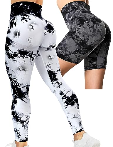 2er Pack Scrunch Butt Sport Leggings Damen Lang&Shorts, Push Up High Waist Blickdicht Po Booty Seamless Leggins für Sport Gym Yoga Alltag (as3, alpha, m, regular, regular, B02-2x Weiß&Schwarz) von Kuzimua