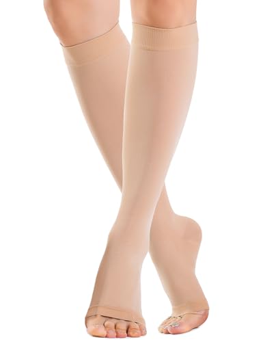 Kompressionsstrümpfe Damen & Herren 20-30 mmHg, Klasse 2, Offene Zehe Stützstrümpfe Thrombosestrümpfe (Compression Socks) Für Krampfadern & Reise Ödeme Flug (Beige, L) von Kuzimua