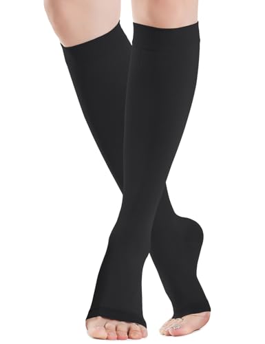 Kompressionsstrümpfe Damen & Herren 20-30 mmHg, Klasse 2, Offene Zehe Stützstrümpfe Thrombosestrümpfe (Compression Socks) Für Krampfadern & Reise Ödeme Flug (Schwarz, S) von Kuzimua