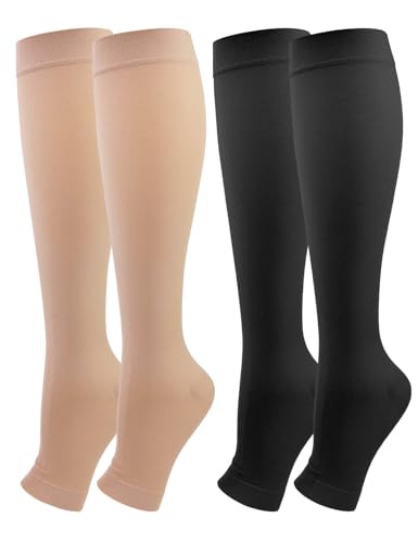 2 Paar Medizinische Kompressionsstrümpfe Damen & Herren 20-30 mmHg, Klasse 2, Offene Spitze Abgestufte Unterstützung Stützstrümpfe für Krampfadern Ödeme Flug (Schwarz+Beige, L) von Kuzimua