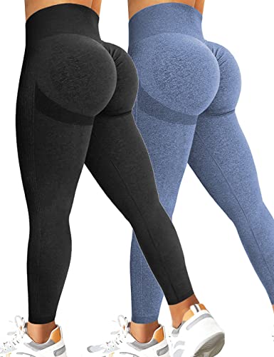 Kuzimua 2er Pack Scrunch Butt Sport Leggings Damen, Push Up High Waist Blickdicht Po Booty Seamless Lang Leggins für Sport Fitnesshose Gym Yoga Alltag (L, B03 Schwarz+Blau) von Kuzimua