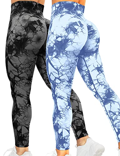 Kuzimua 2er Pack Scrunch Butt Sport Leggings Damen, Push Up High Waist Blickdicht Po Booty Seamless Lang Leggins für Sport Fitnesshose Gym Yoga Alltag (S, A02 Schwarz+Blau) von Kuzimua