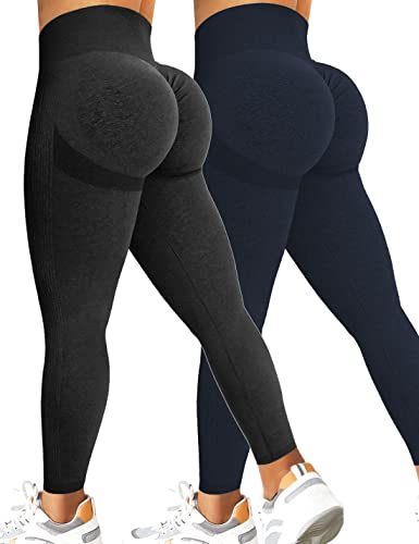 Kuzimua 2er Pack Scrunch Butt Sport Leggings Damen, Push Up High Waist Blickdicht Po Booty Seamless Lang Leggins für Sport Fitnesshose Gym Yoga Alltag (S, B02 Schwarz+Dunkelblau) von Kuzimua