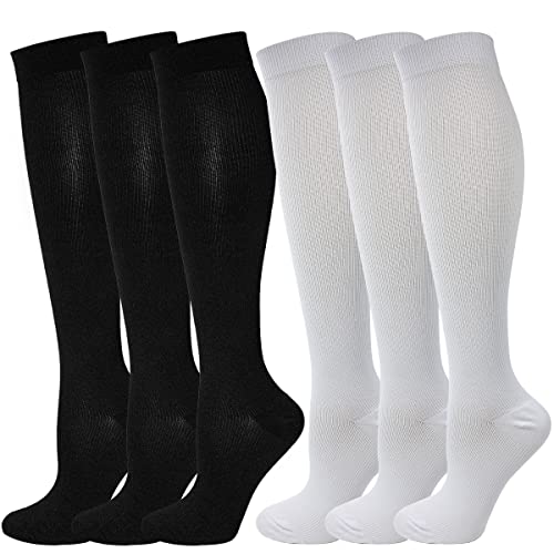 Kuzimua 6 Paar Kompressionsstrümpfe Kniestrümpfe Stützstrümpfe Laufsocken für Damen & Herren, Sport, Laufen, Flug, Reisen, Schwangerschaft, Medizinische Kompressionssocken (L, 3x Schwarz + 3x Weiß) von Kuzimua