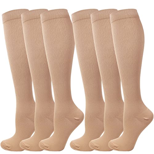 Kuzimua 6 Paar Kompressionsstrümpfe Kniestrümpfe Stützstrümpfe Laufsocken für Damen & Herren, Sport, Laufen, Flug, Reisen, Schwangerschaft, Medizinische Kompressionssocken (M, Braun) von Kuzimua