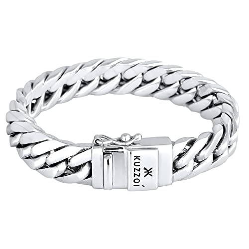 Kuzzoi „Buddha“ Silber-Armband für Herren, handgefertigtes Panzer-Armband glänzend aus massiven 925er Sterling Silber, luxuriöses Herren-Armband Gravur, 14mm breit, 90g schwer 335101-019 von Kuzzoi