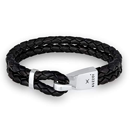 Kuzzoi Armband Herren Lederarmband in schwarz, Armschmuck aus Leder geflochten, Leder Armband in Braided-Optik, Maskuliner Hacken- Verschluss aus 925 Sterling Silber, 13 mm breit, Länge 21 cm von Kuzzoi